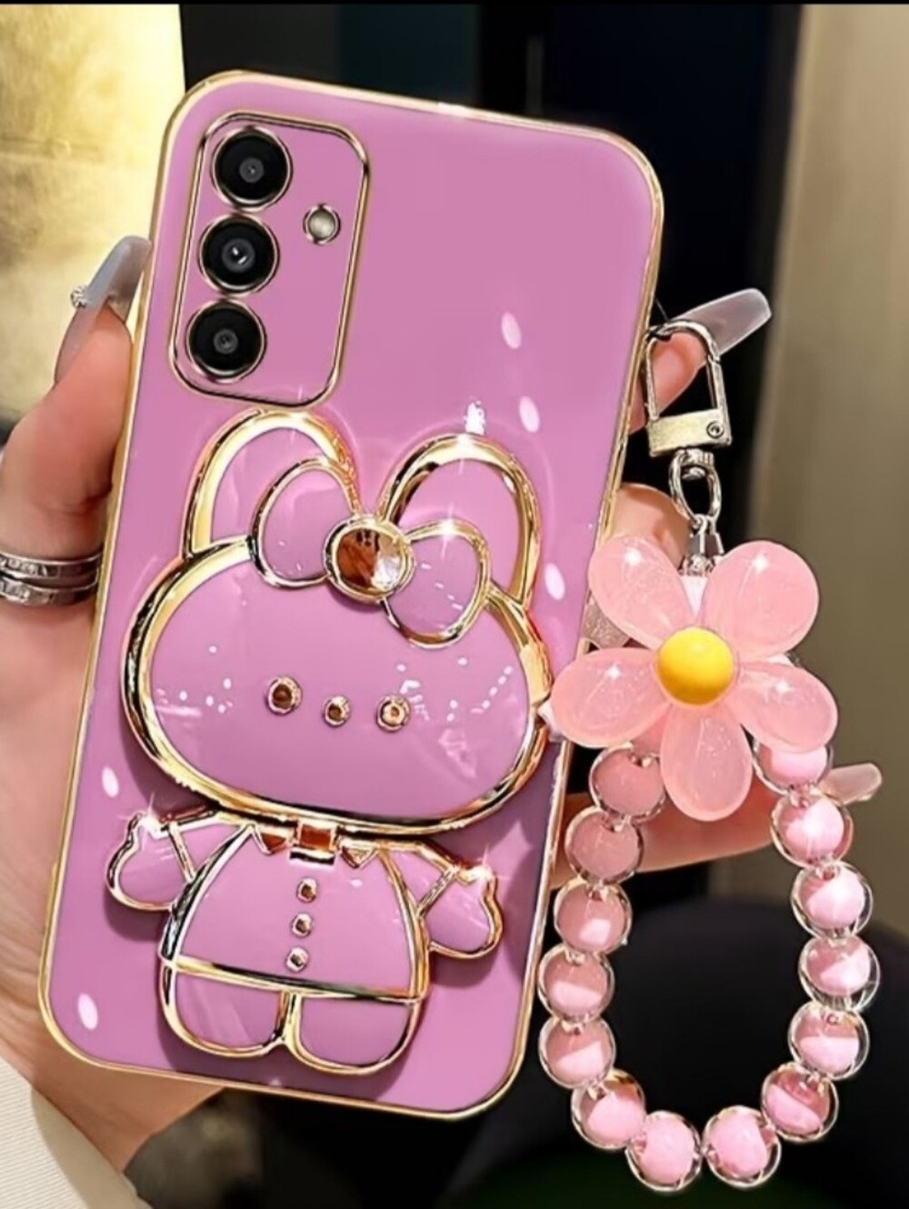 Pink Cute Character Phone Case Samsung A15 with Beaded Flower Strap
